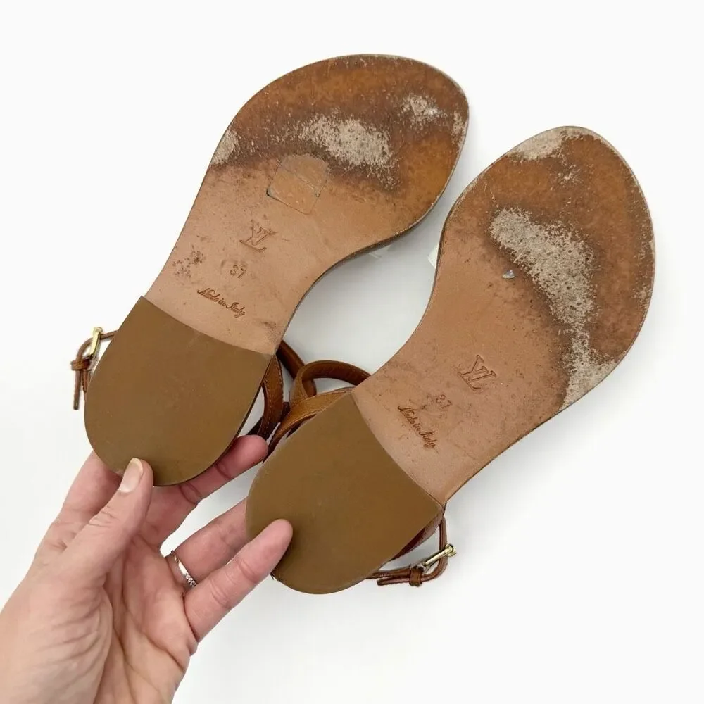 LOUIS VUITTON Explorer Flat Sandal Size 37 Cognac Brown White Monogram Flower